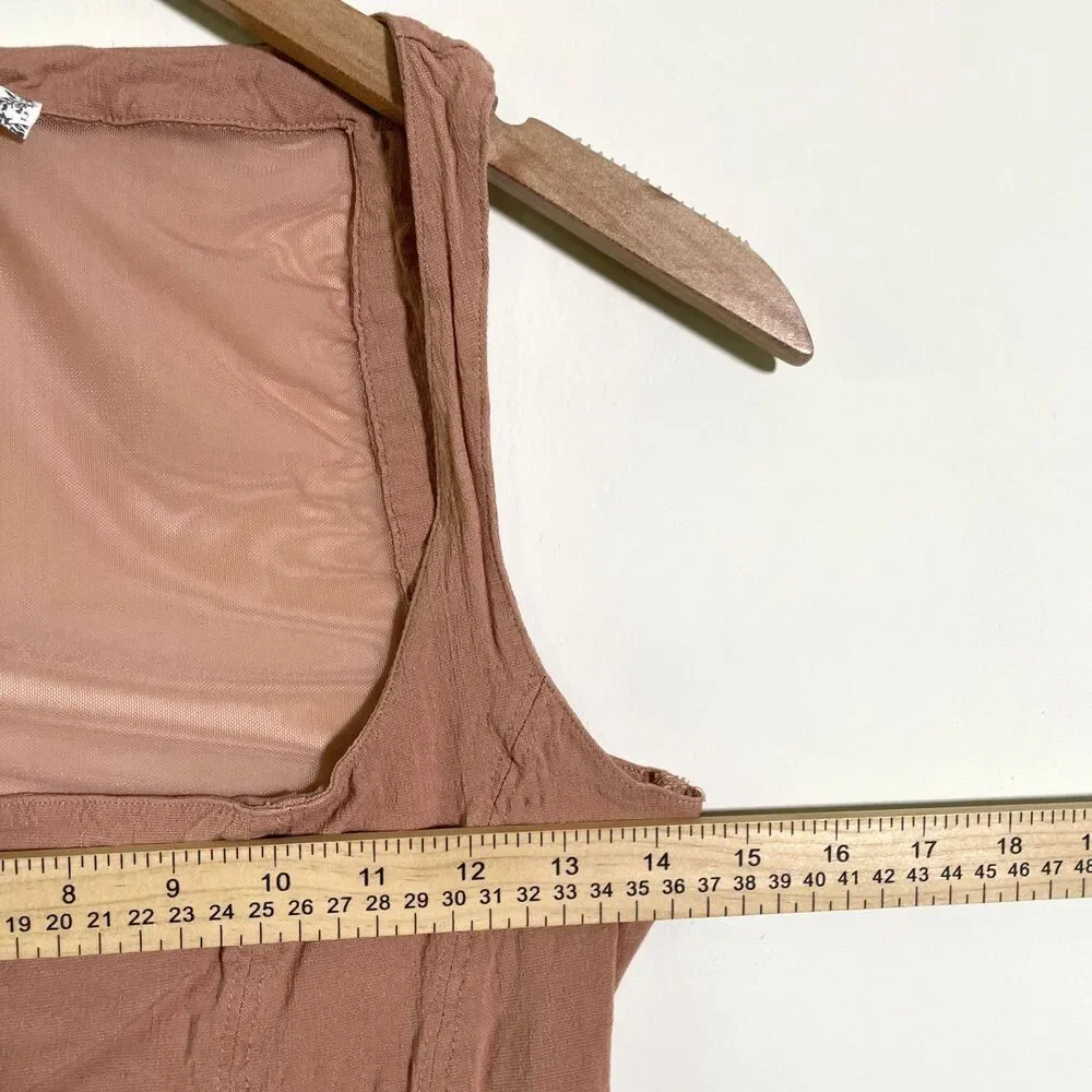 Free People Shes A Catch Bodysuit Top Sz S Nude Square Neck Sheer Back Stretch